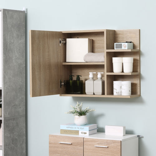 Bathroom Mirror Cabinet with Shelves - 3 Side Shelves - Wall Mounting Kit Included - Light Oak Finish