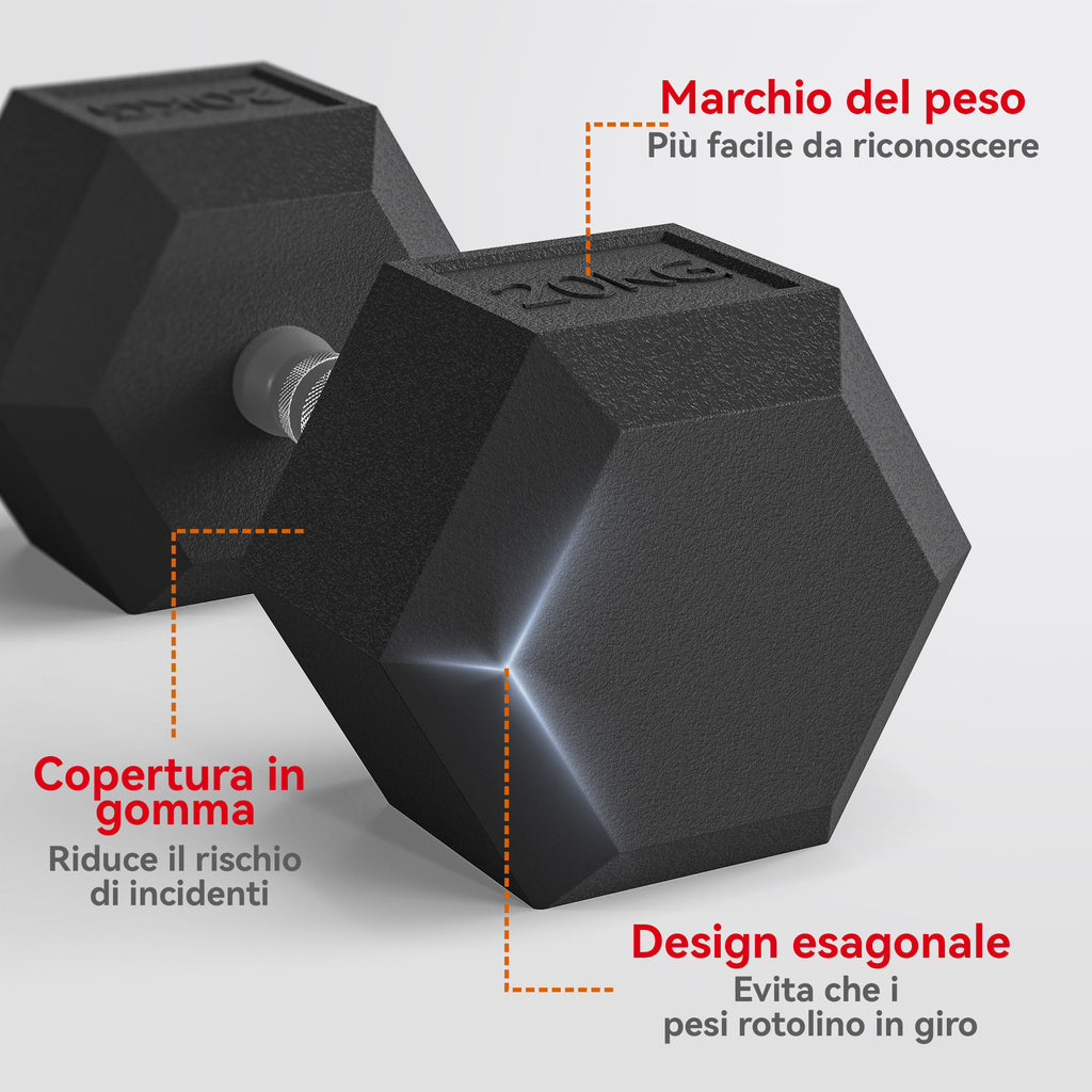 20 kg Single Hex Dumbbell, Muscle Training & Weightlifting, Rubber-Coated Metal, Black