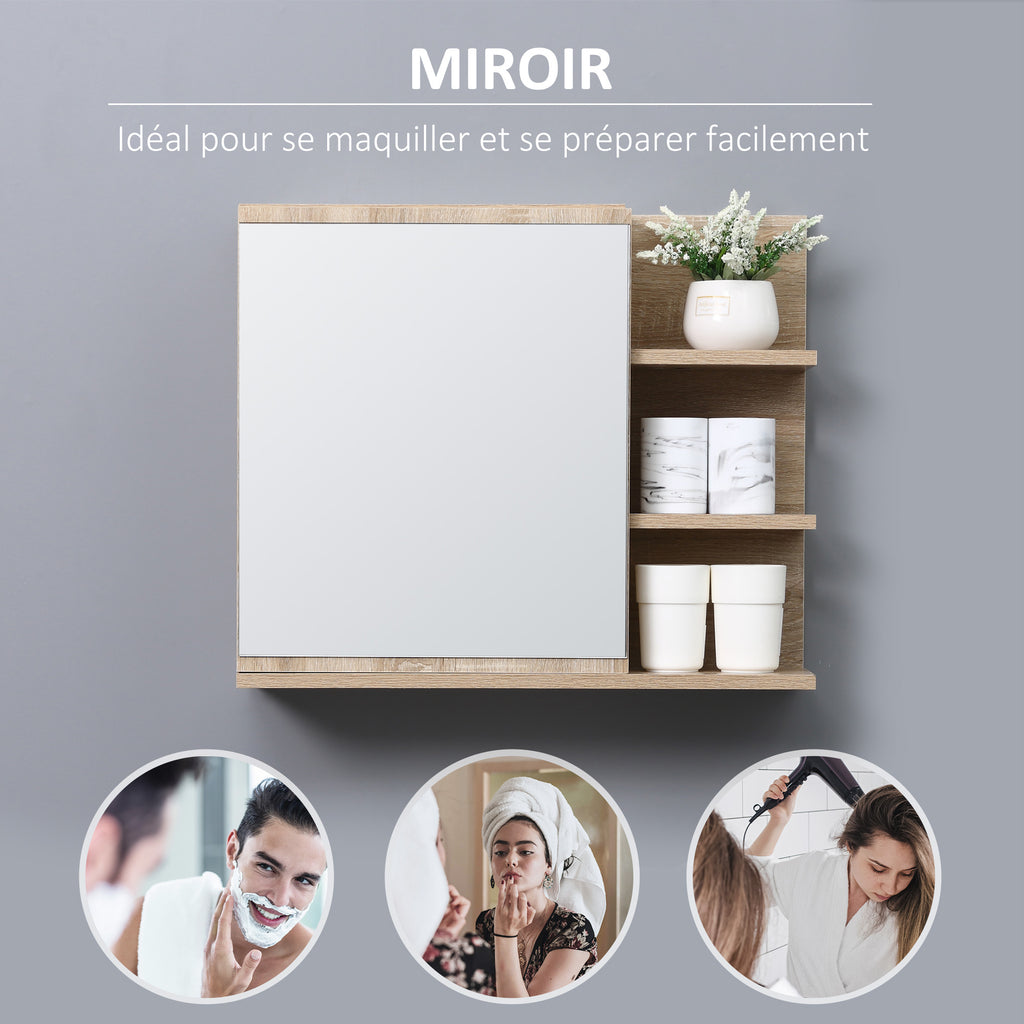 Bathroom Mirror Cabinet with Shelves - 3 Side Shelves - Wall Mounting Kit Included - Light Oak Finish