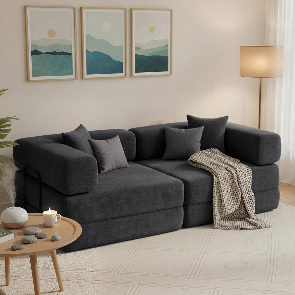 2-Seater Convertible Sofa Bed in Chenille 198cm, Wide Seat and Armrests, 2 Cushions, Dark Grey