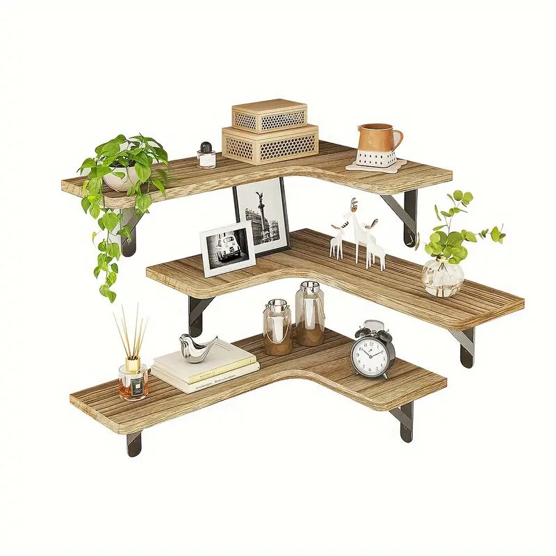 Set of 5 Rustic Wooden Corner Floating Shelves - Wall Mounted Storage Racks