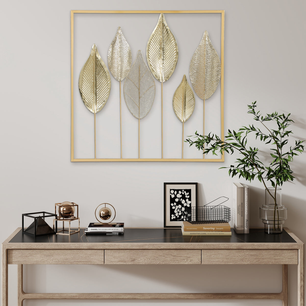 Modern Metal Wall Art, Leaf-Shaped Metal Wall Sculpture, 70x70cm, Gold
