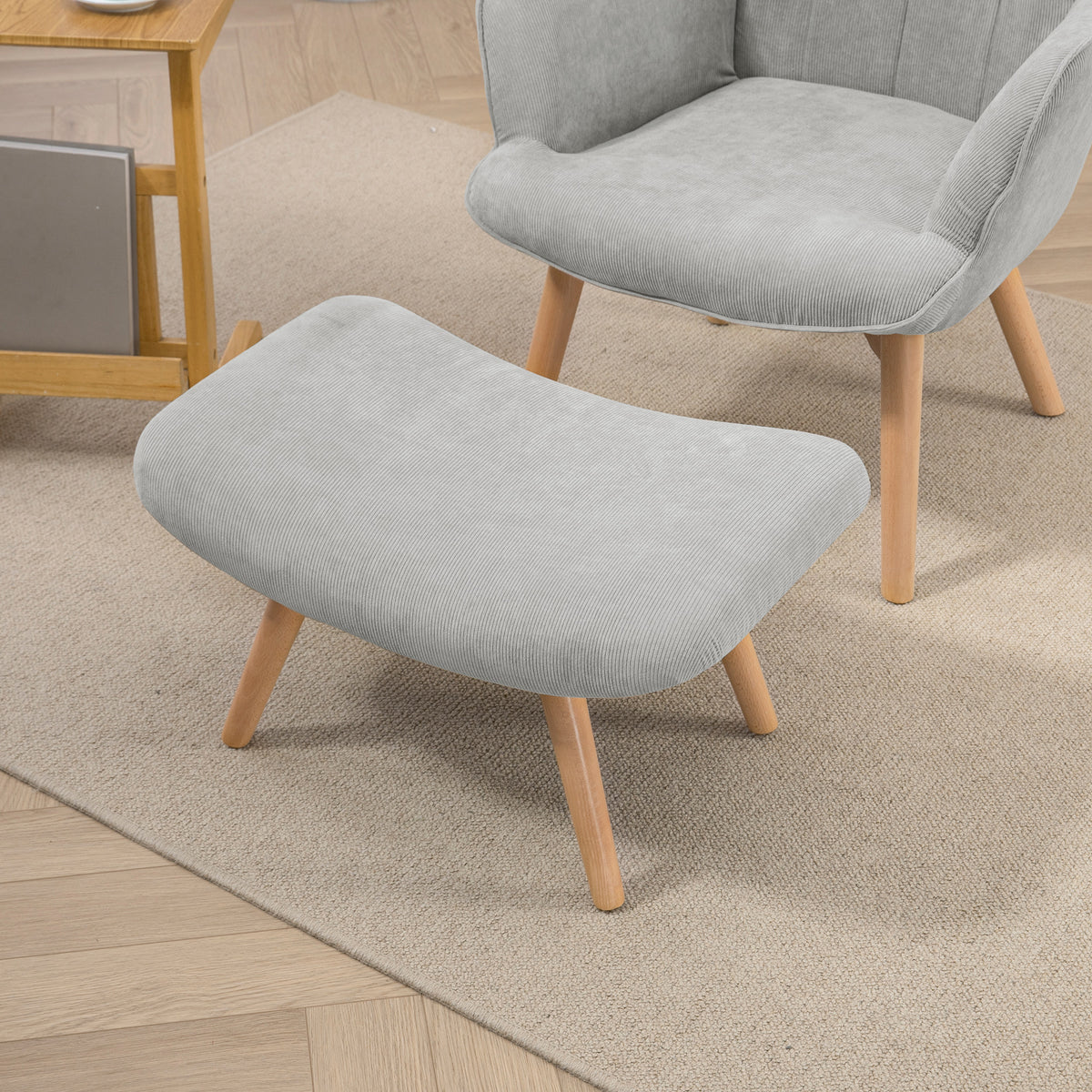 Armchair with Footstool, High Back, Wooden Legs and Corduroy Velvet Fabric, for Living Room Bedroom, Grey