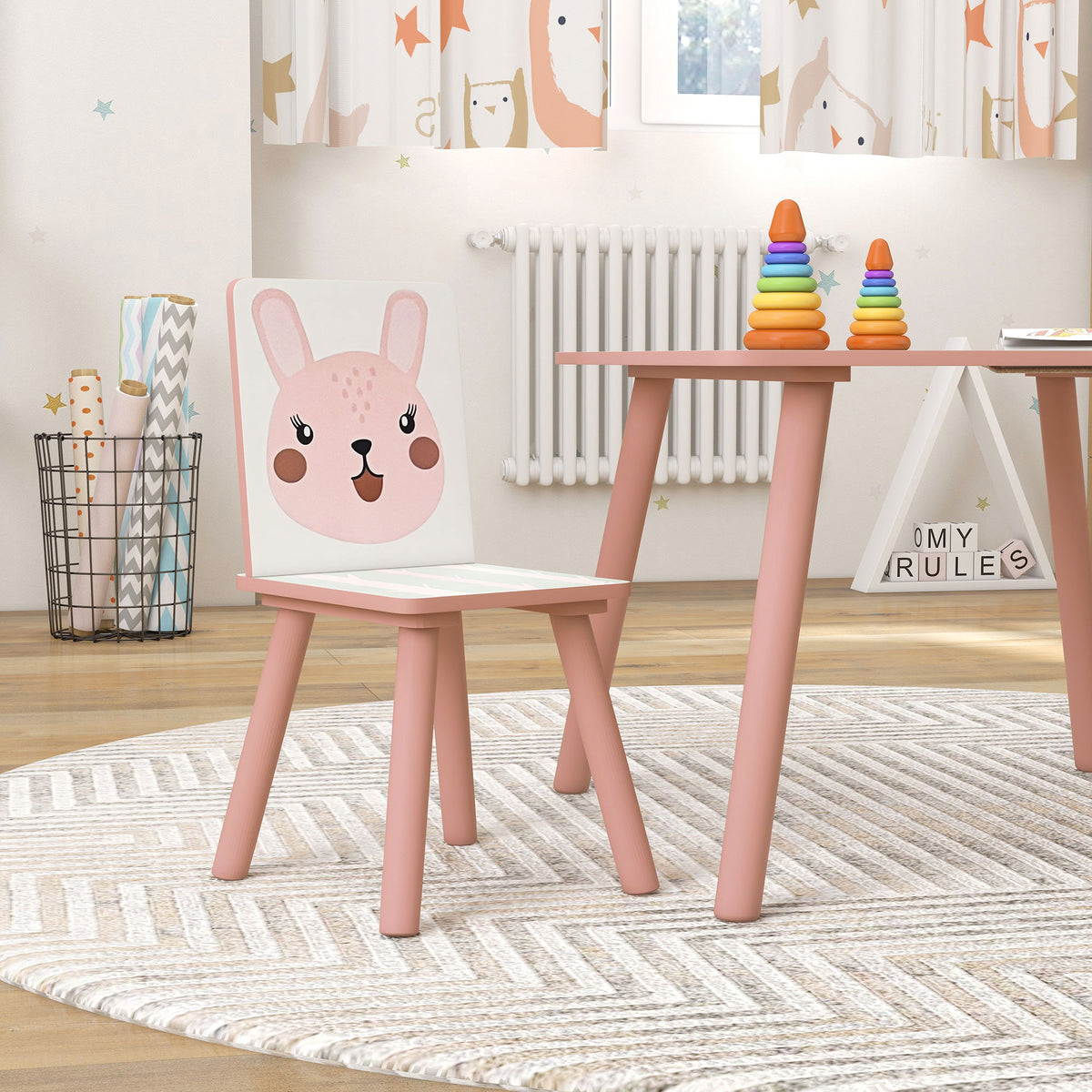 Ensemble table et chaises pour enfants, table pour enfant avec 2 chaises, motif animaux pour chambre à coucher rose