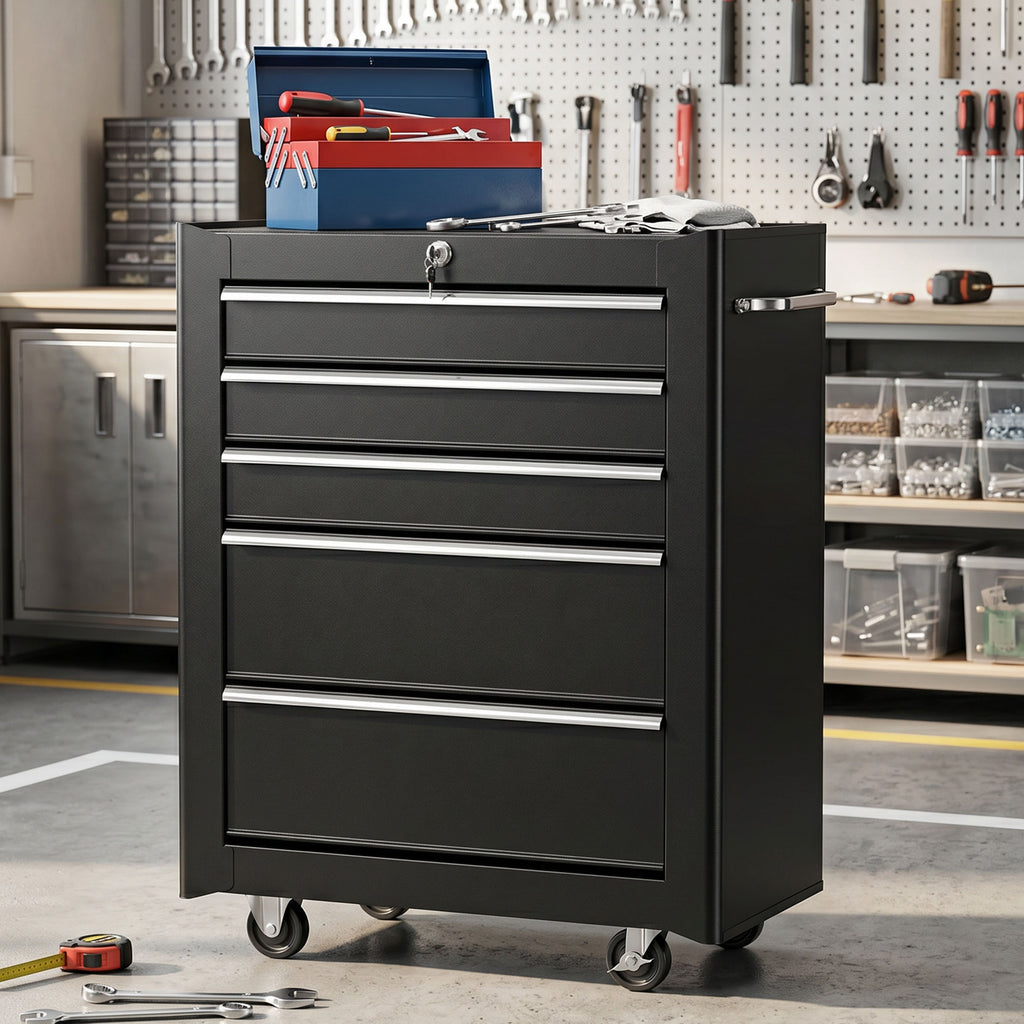 Rolling Tool Cabinet on Wheels, 5-Drawer Lockable Steel Workshop Trolley with 2 Keys, 61.5x33x82.5cm, Black