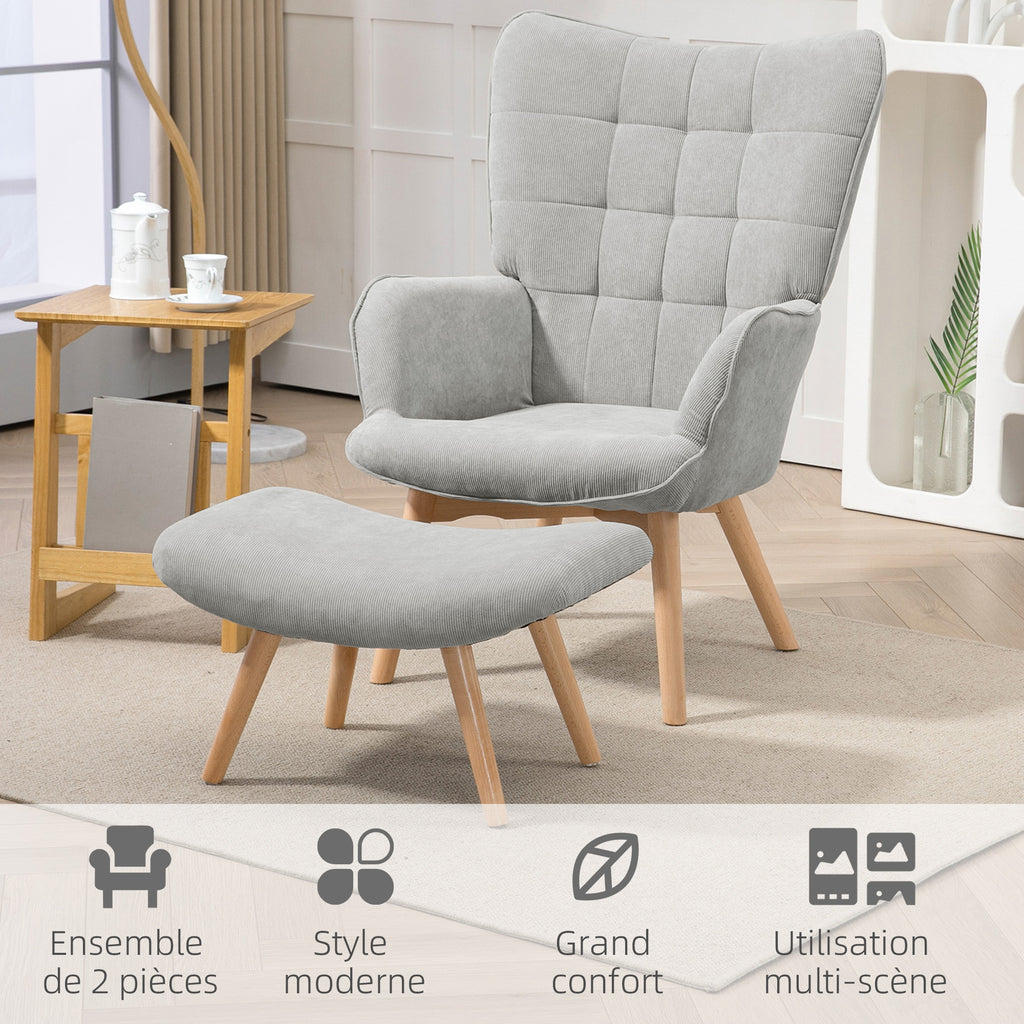 Armchair with Footstool, High Back, Wooden Legs and Corduroy Velvet Fabric, for Living Room Bedroom, Grey