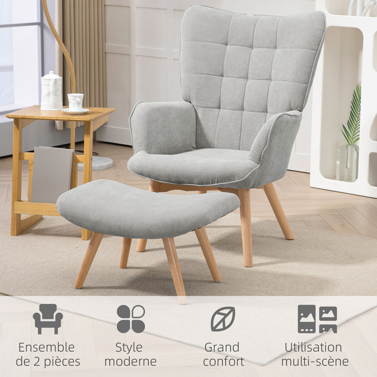 Fauteuil avec repose pied, dossier haut, pieds en bois et tissu aspect velours côtelé, pour salon chambre à coucher gris