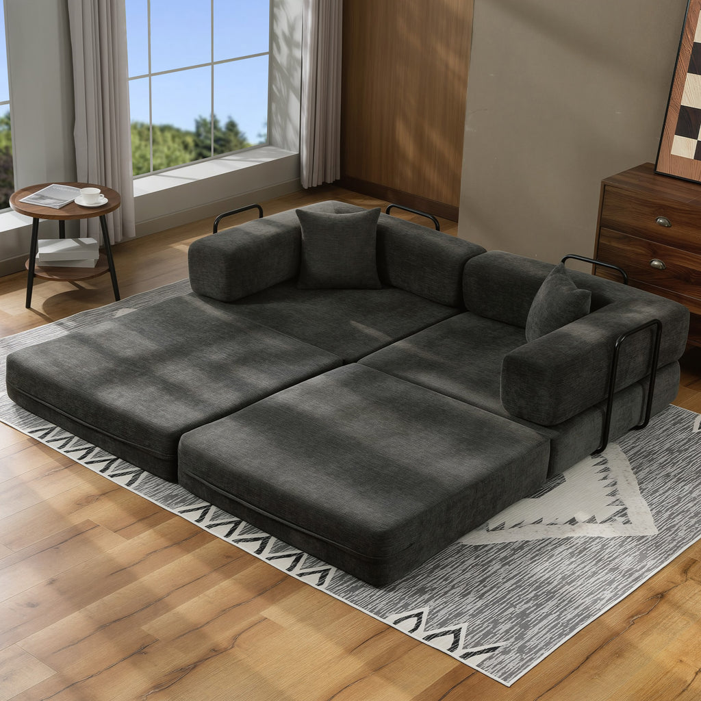 2-Seater Convertible Sofa Bed in Chenille 198cm, Wide Seat and Armrests, 2 Cushions, Dark Grey