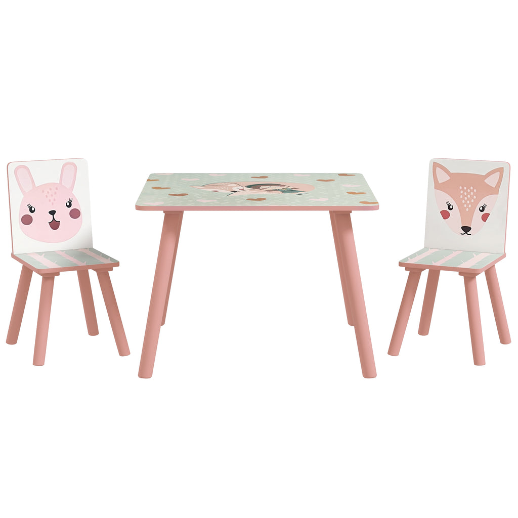 Kids Table and Chairs Set, Children's Table with 2 Chairs, Animal Print for Pink Bedroom