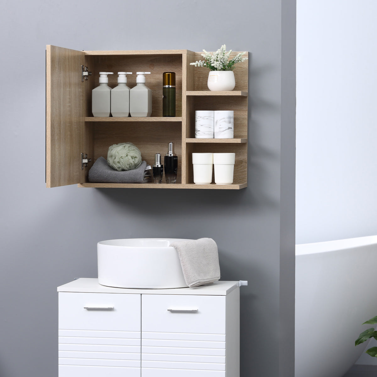 Bathroom Mirror Cabinet with Shelves - 3 Side Shelves - Wall Mounting Kit Included - Light Oak Finish