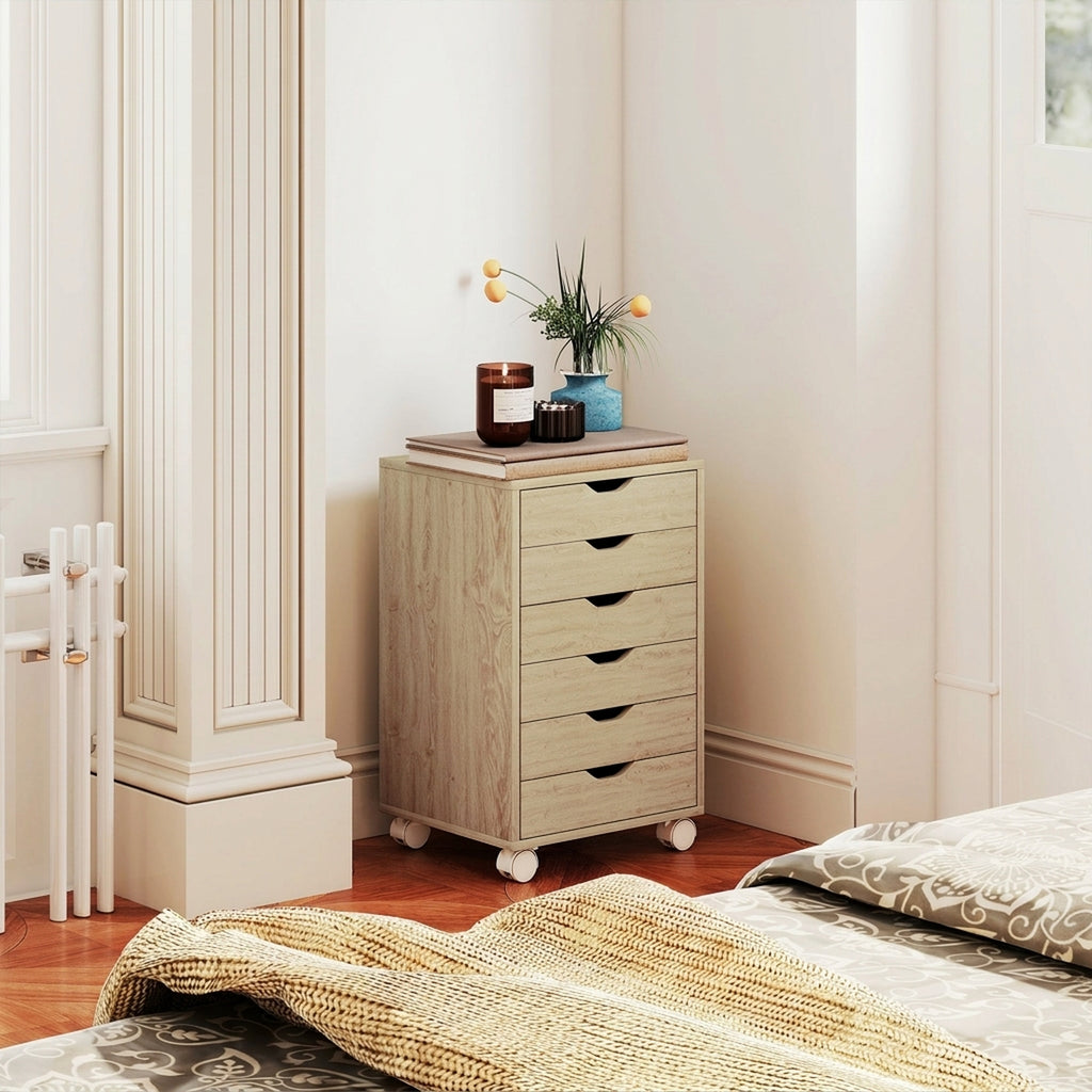Mobile Office Cabinet with 6 Silent Drawers, Printer Stand, Recessed Handles, 40x35x63cm, Oak