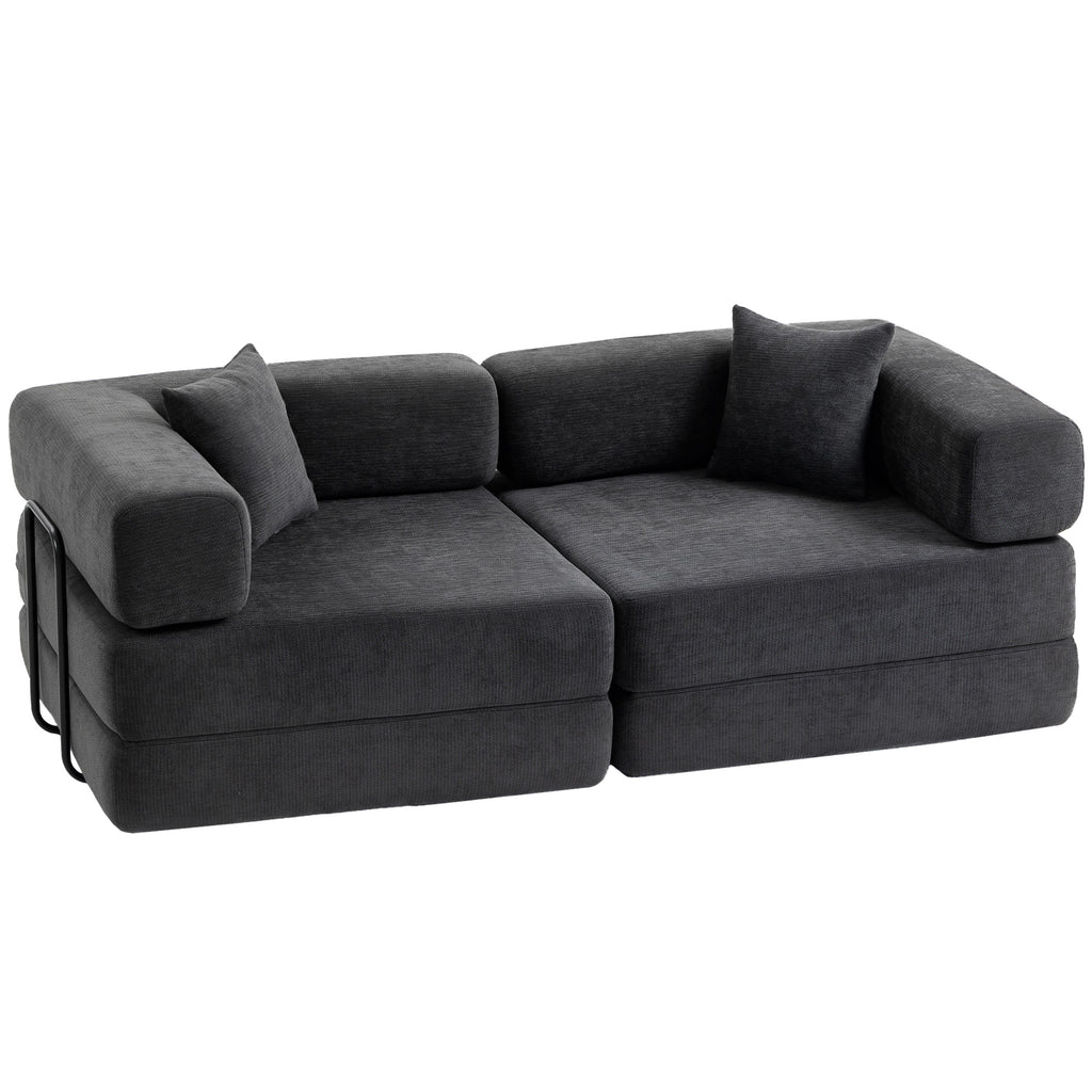 2-Seater Convertible Sofa Bed in Chenille 198cm, Wide Seat and Armrests, 2 Cushions, Dark Grey