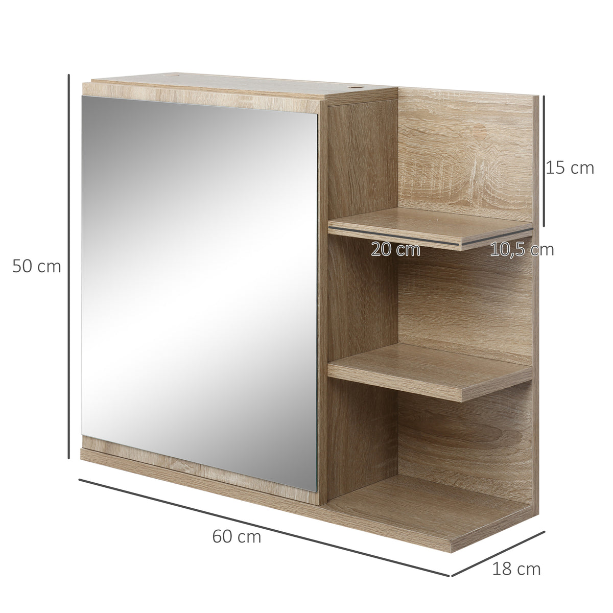 Bathroom Mirror Cabinet with Shelves - 3 Side Shelves - Wall Mounting Kit Included - Light Oak Finish