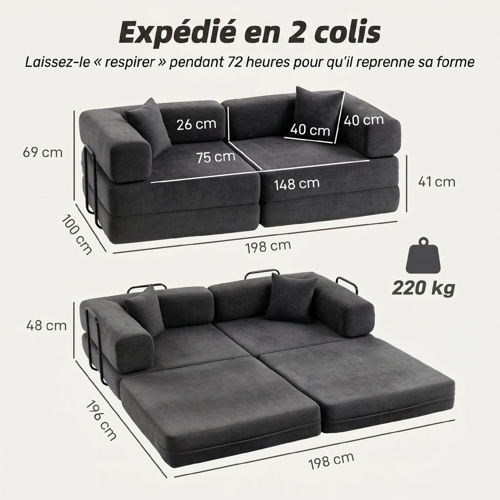 2-Seater Convertible Sofa Bed in Chenille 198cm, Wide Seat and Armrests, 2 Cushions, Dark Grey