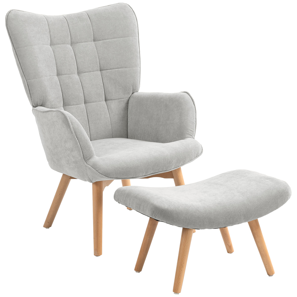 Fauteuil avec repose pied, dossier haut, pieds en bois et tissu aspect velours côtelé, pour salon chambre à coucher gris