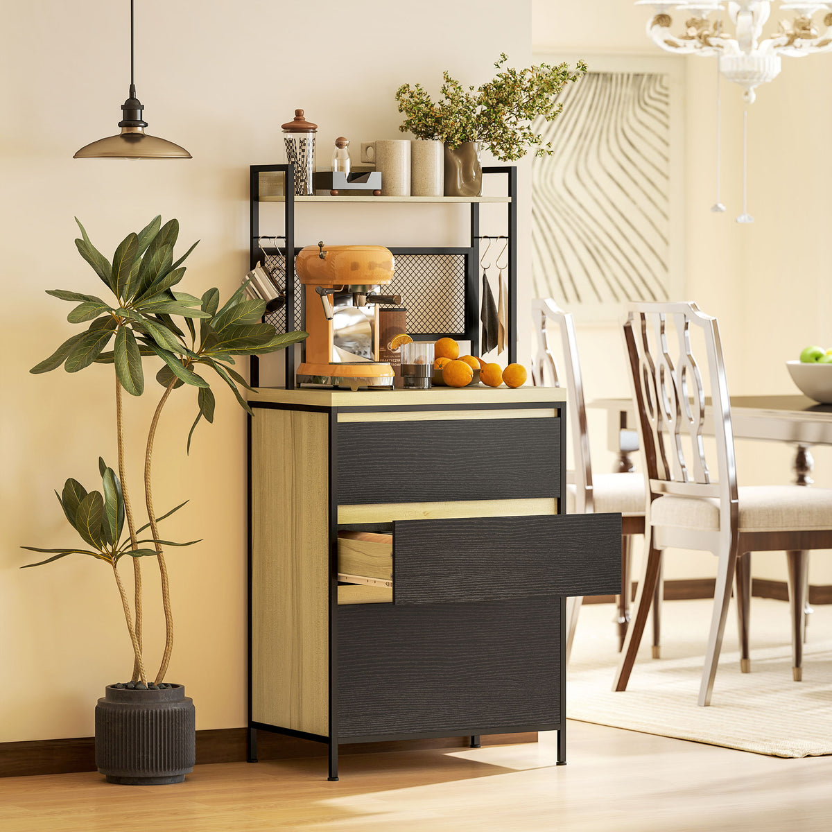 Industrial Style Kitchen Cabinet with 3 Drawers, Worktop, Shelf and 4 Hooks, 60x40x132cm