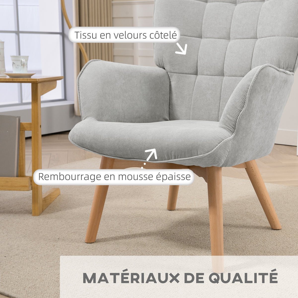 Fauteuil avec repose pied, dossier haut, pieds en bois et tissu aspect velours côtelé, pour salon chambre à coucher gris