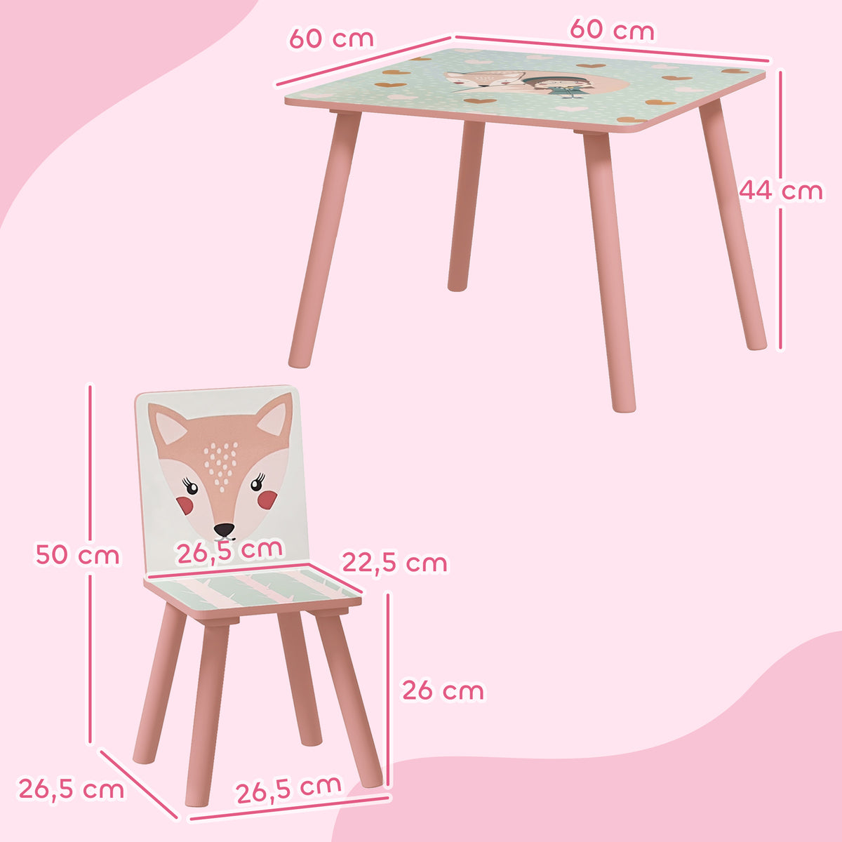 Kids Table and Chairs Set, Children's Table with 2 Chairs, Animal Print for Pink Bedroom