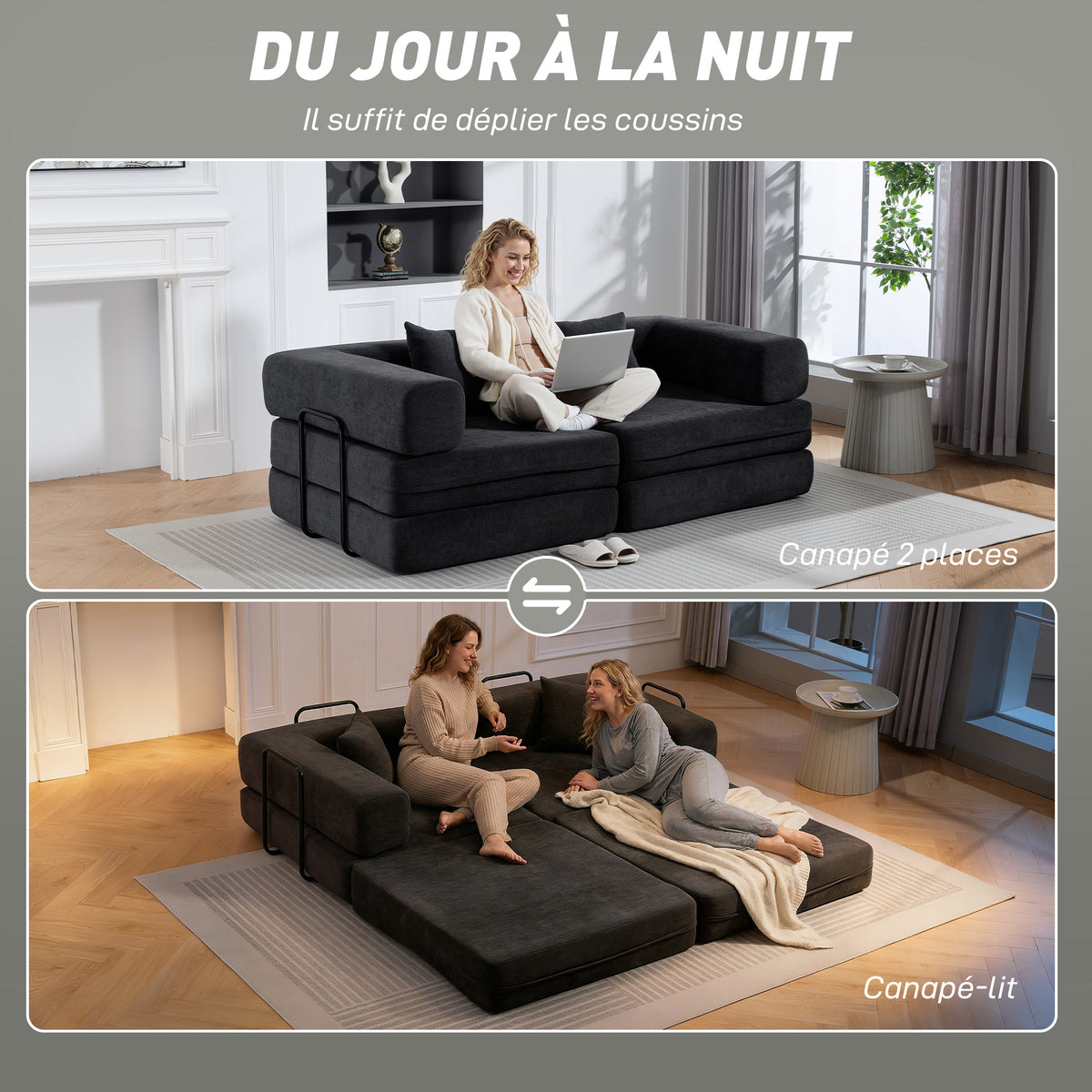 2-Seater Convertible Sofa Bed in Chenille 198cm, Wide Seat and Armrests, 2 Cushions, Dark Grey