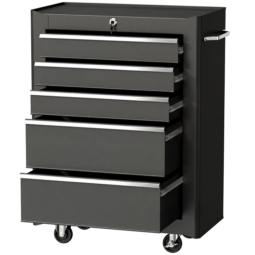 Rolling Tool Cabinet on Wheels, 5-Drawer Lockable Steel Workshop Trolley with 2 Keys, 61.5x33x82.5cm, Black