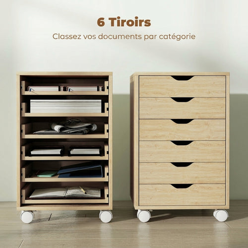 Caisson de Bureau Mobile 6 Tiroirs Silencieux, Support d'Imprimante, Poignées Encastrées, 40 x 35 x 63 cm, Chêne