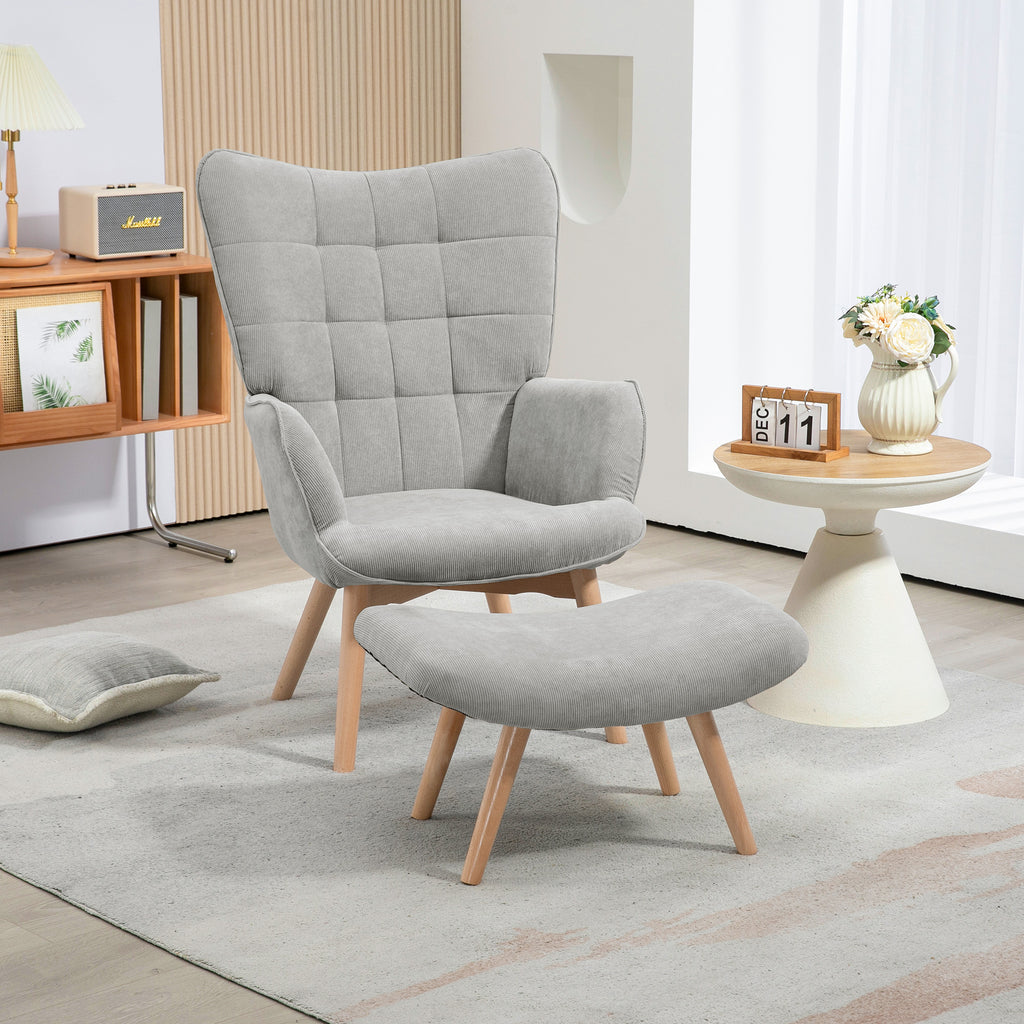 Armchair with Footstool, High Back, Wooden Legs and Corduroy Velvet Fabric, for Living Room Bedroom, Grey