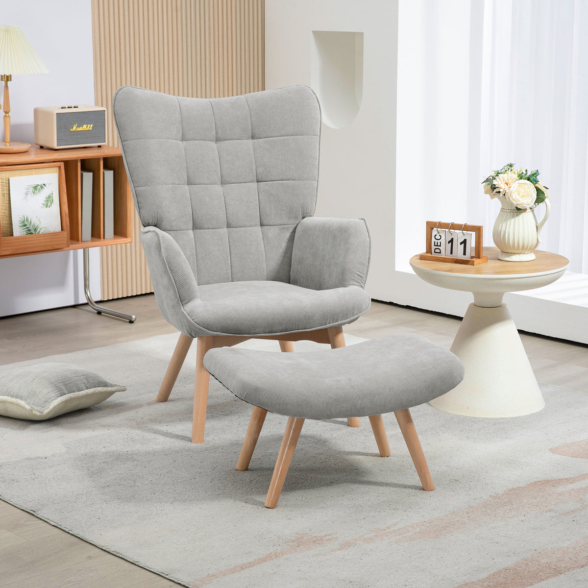 Armchair with Footstool, High Back, Wooden Legs and Corduroy Velvet Fabric, for Living Room Bedroom, Grey