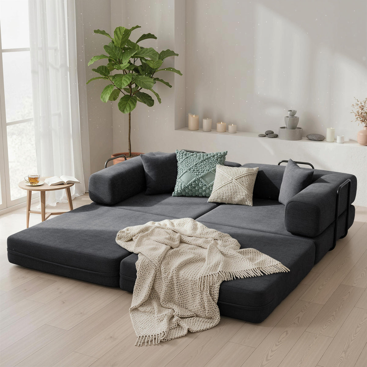 2-Seater Convertible Sofa Bed in Chenille 198cm, Wide Seat and Armrests, 2 Cushions, Dark Grey