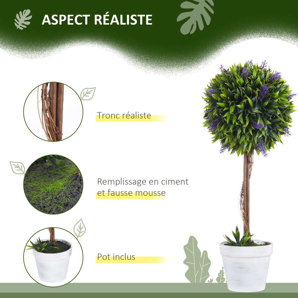 Set of 2 Artificial Lavender Flower Plants with Trunk and Pot, 60 cm Height, Green