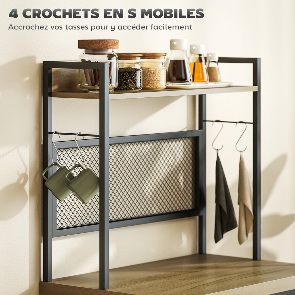 Industrial Style Kitchen Cabinet with 3 Drawers, Worktop, Shelf and 4 Hooks, 60x40x132cm