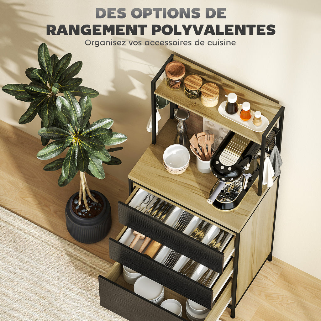 Industrial Style Kitchen Cabinet with 3 Drawers, Worktop, Shelf and 4 Hooks, 60x40x132cm