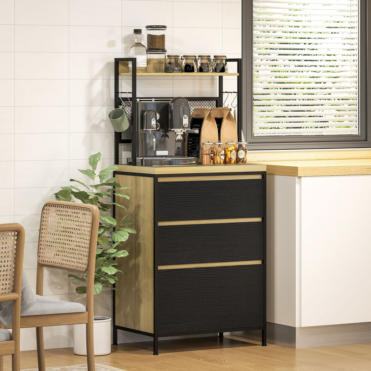 Industrial Style Kitchen Cabinet with 3 Drawers, Worktop, Shelf and 4 Hooks, 60x40x132cm