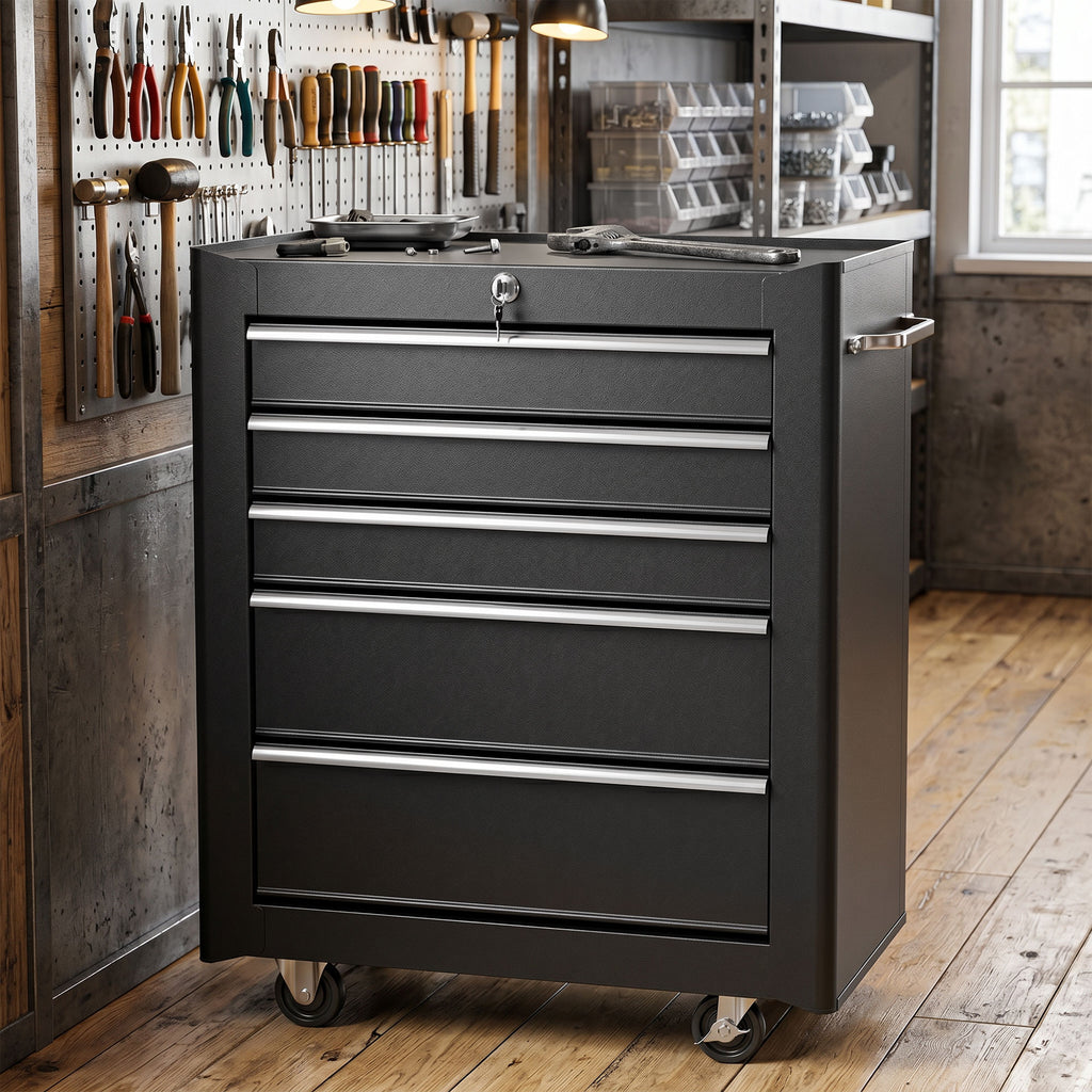 Rolling Tool Cabinet on Wheels, 5-Drawer Lockable Steel Workshop Trolley with 2 Keys, 61.5x33x82.5cm, Black