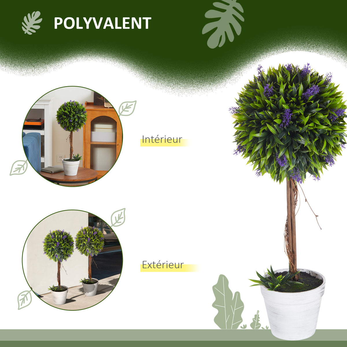 Set of 2 Artificial Lavender Flower Plants with Trunk and Pot, 60 cm Height, Green