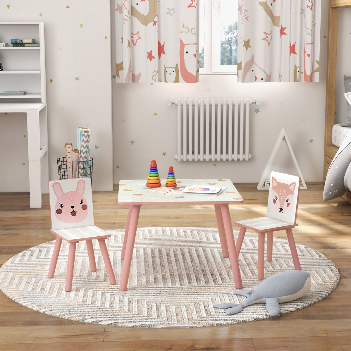 Ensemble table et chaises pour enfants, table pour enfant avec 2 chaises, motif animaux pour chambre à coucher rose