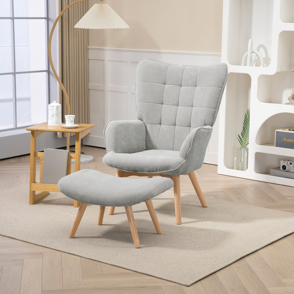 Armchair with Footstool, High Back, Wooden Legs and Corduroy Velvet Fabric, for Living Room Bedroom, Grey