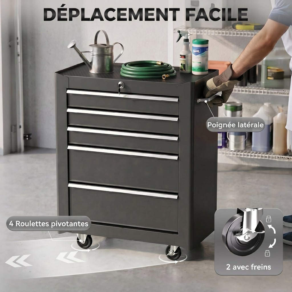 Rolling Tool Cabinet on Wheels, 5-Drawer Lockable Steel Workshop Trolley with 2 Keys, 61.5x33x82.5cm, Black