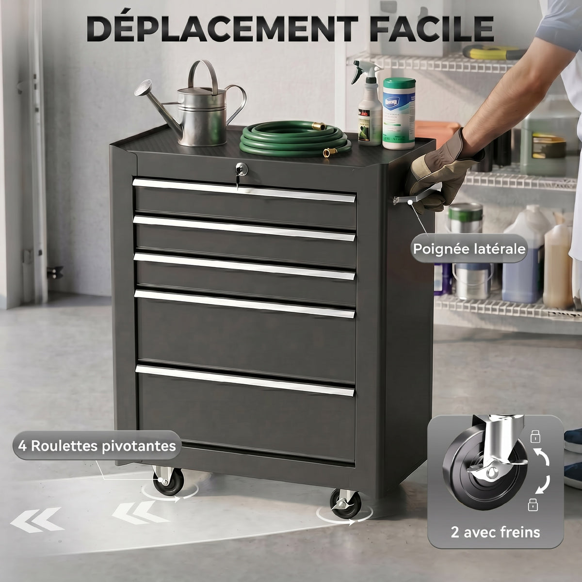 Rolling Tool Cabinet on Wheels, 5-Drawer Lockable Steel Workshop Trolley with 2 Keys, 61.5x33x82.5cm, Black