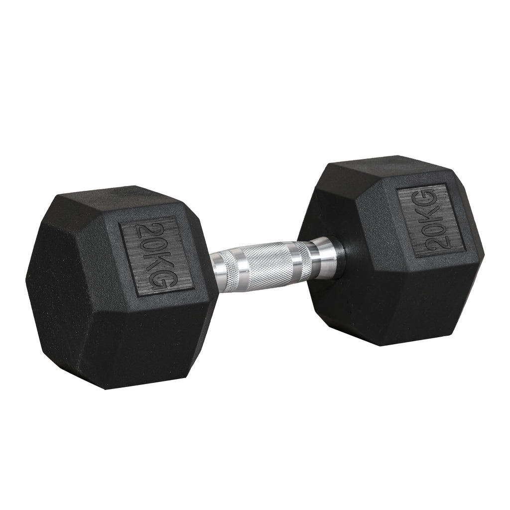 20 kg Single Hex Dumbbell, Muscle Training & Weightlifting, Rubber-Coated Metal, Black