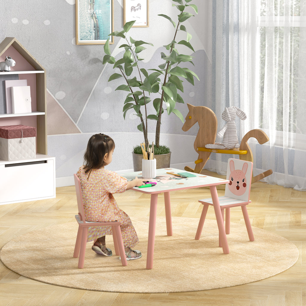 Kids Table and Chairs Set, Children's Table with 2 Chairs, Animal Print for Pink Bedroom