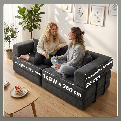 2-Seater Convertible Sofa Bed in Chenille 198cm, Wide Seat and Armrests, 2 Cushions, Dark Grey