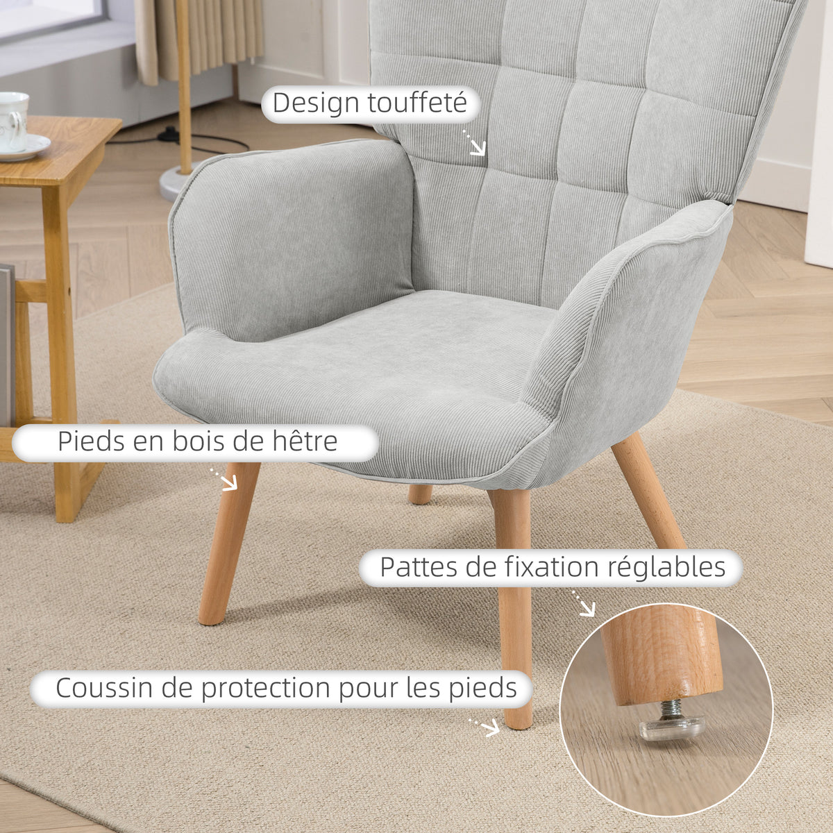 Armchair with Footstool, High Back, Wooden Legs and Corduroy Velvet Fabric, for Living Room Bedroom, Grey