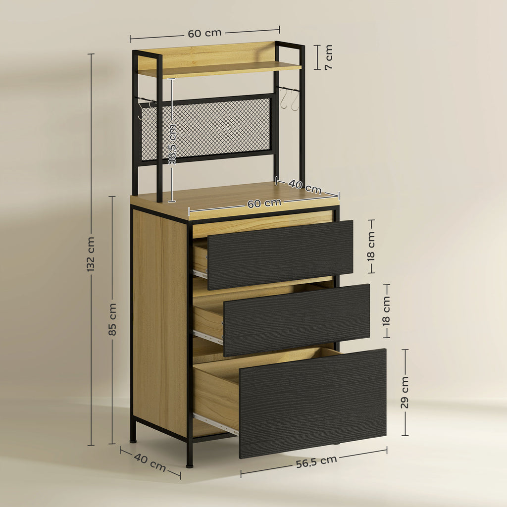 Industrial Style Kitchen Cabinet with 3 Drawers, Worktop, Shelf and 4 Hooks, 60x40x132cm