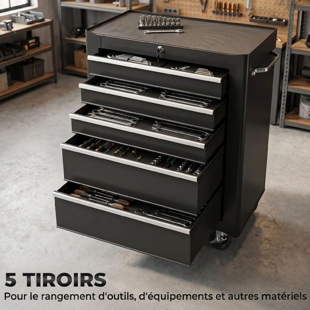 Rolling Tool Cabinet on Wheels, 5-Drawer Lockable Steel Workshop Trolley with 2 Keys, 61.5x33x82.5cm, Black