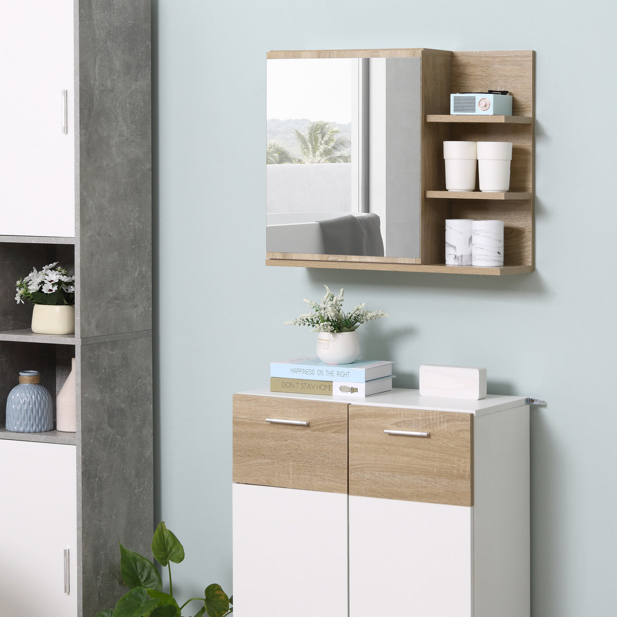 Bathroom Mirror Cabinet with Shelves - 3 Side Shelves - Wall Mounting Kit Included - Light Oak Finish
