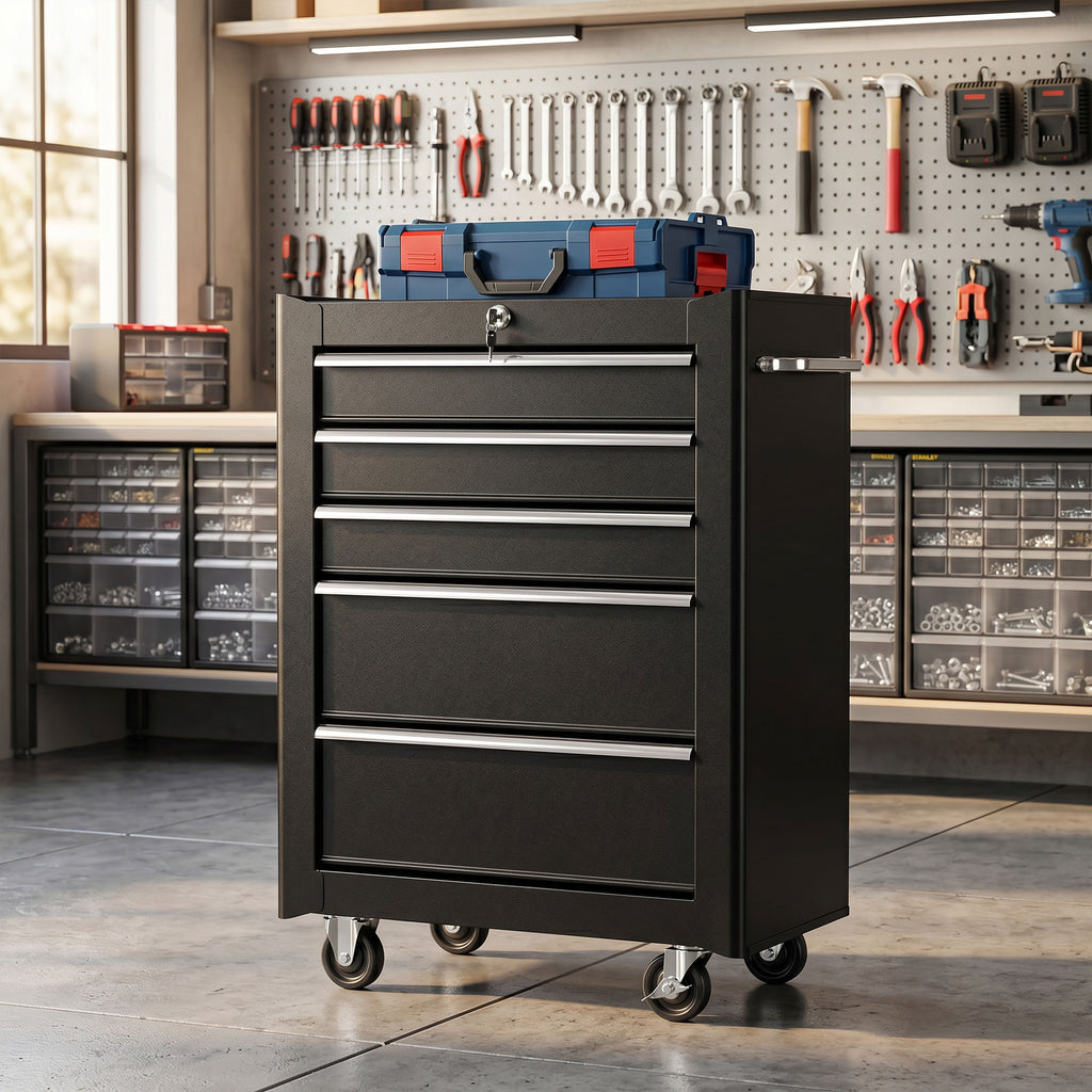 Rolling Tool Cabinet on Wheels, 5-Drawer Lockable Steel Workshop Trolley with 2 Keys, 61.5x33x82.5cm, Black