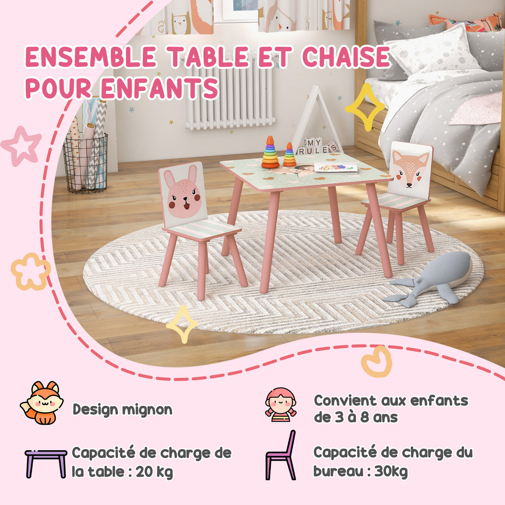 Kids Table and Chairs Set, Children's Table with 2 Chairs, Animal Print for Pink Bedroom