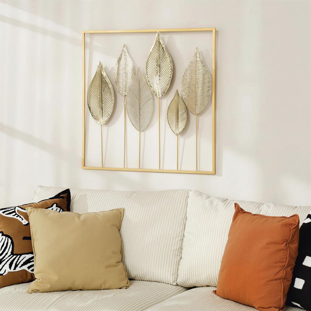 Modern Metal Wall Art, Leaf-Shaped Metal Wall Sculpture, 70x70cm, Gold