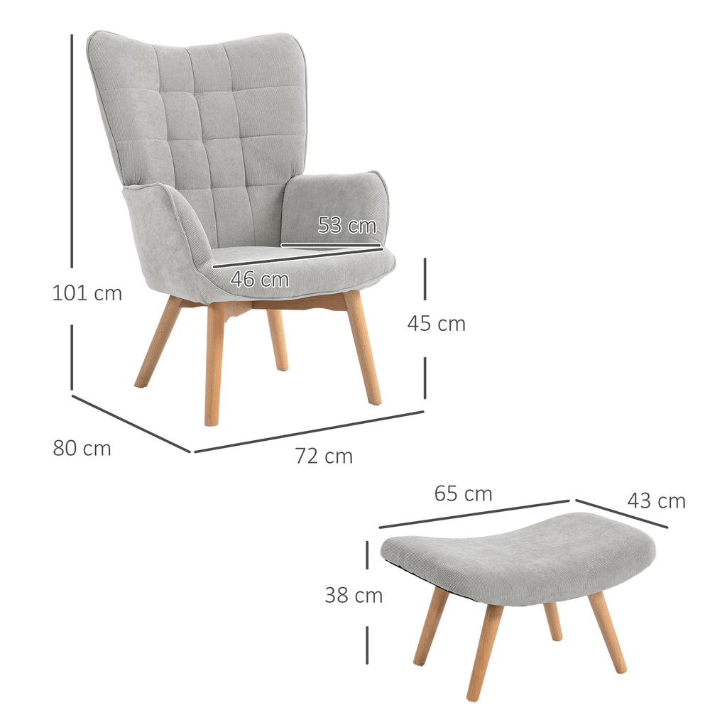 Armchair with Footstool, High Back, Wooden Legs and Corduroy Velvet Fabric, for Living Room Bedroom, Grey