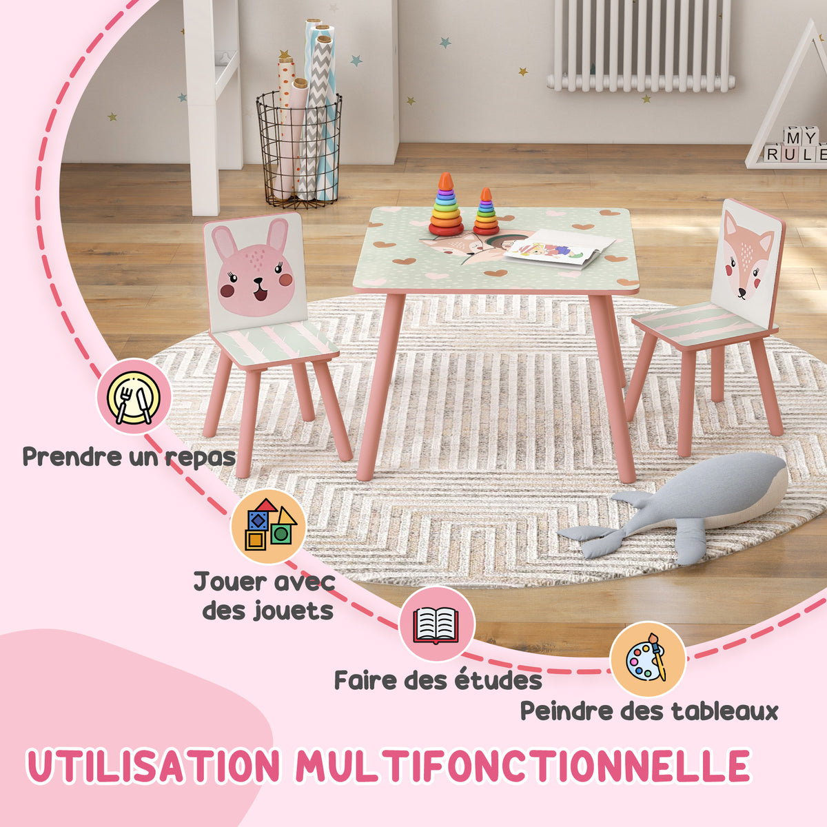 Kids Table and Chairs Set, Children's Table with 2 Chairs, Animal Print for Pink Bedroom